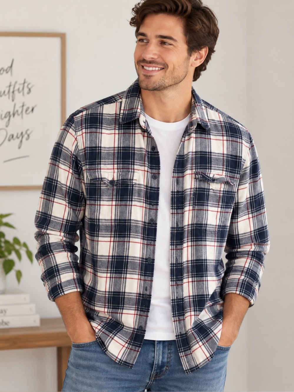 American Eagle Navy & White Plaid Flannel Button-Down (L)